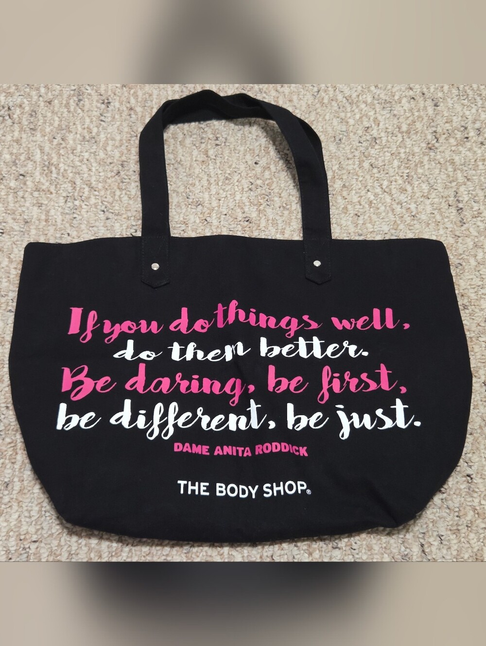The Body Shop Black Canvas Tote Bag with Pink & White Quote